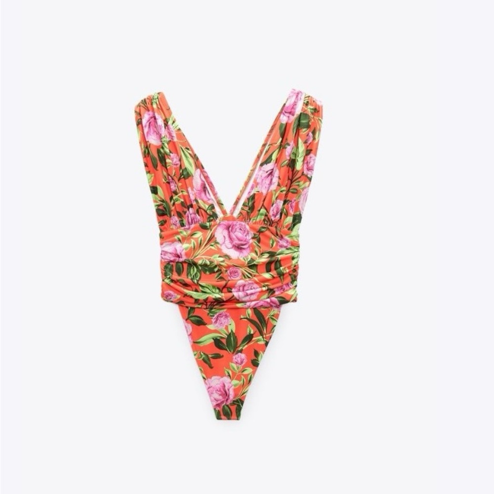 Floral V-Neck With Wide Strap Bottom Snap Button Closure Zara Bodysuit